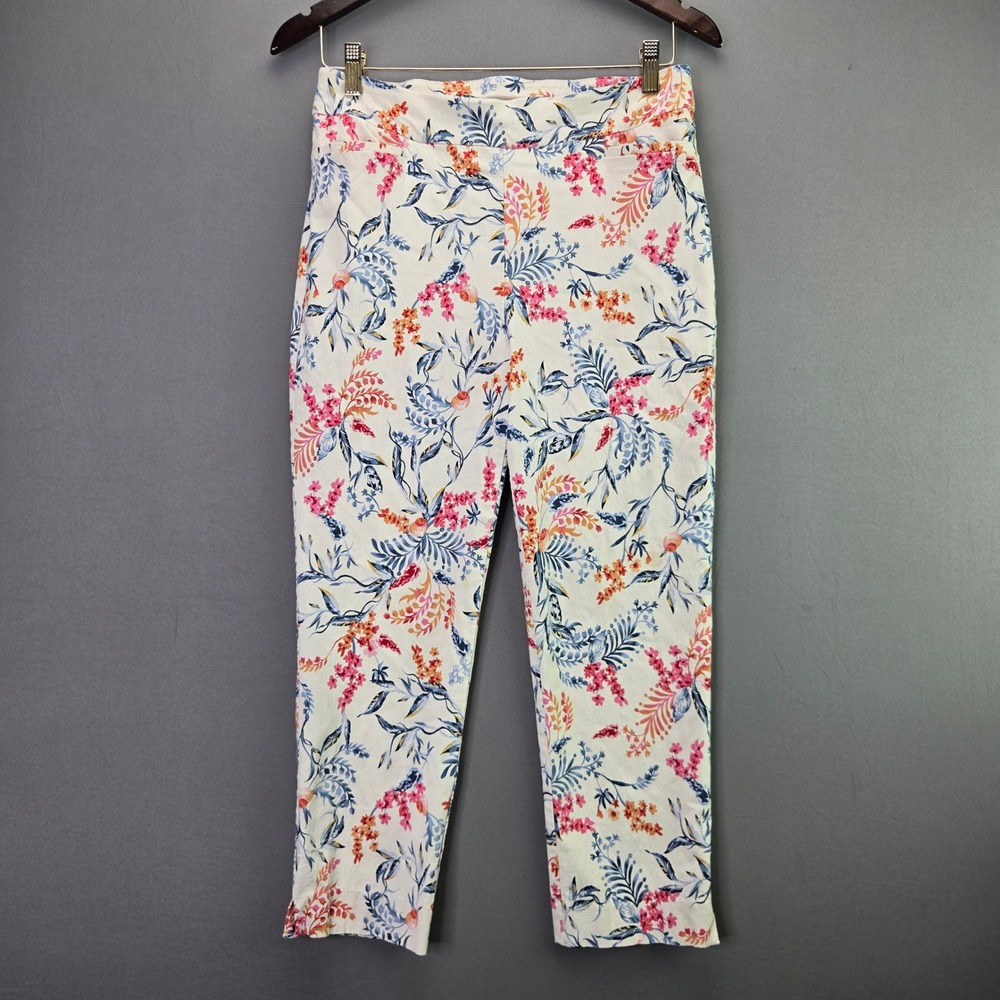 Chico's Floral Crop Pants Size 1 US 8 White Pink Blue Botanical Stretch 3903